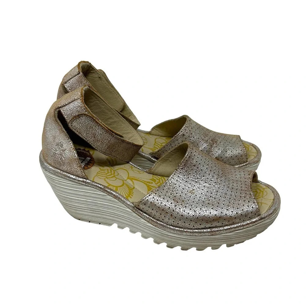 Fly London Yake Ankle Strap Wedge Metallic Rose Gold Sandals Size 37‎ US 6 6.5